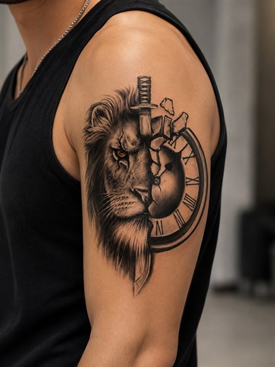 Saat ve Aslan Geçici Dövme Tattoo