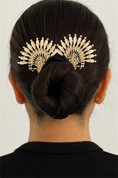 Altın Renk Tavus Kuşu Figürlü Taş Detaylı Topuz Tokası