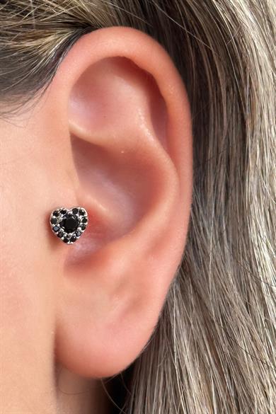 Gümüş Renk Kalp Figürlü Taş Detaylı Çelik Tragus/Kıkırdak Küpe/Piercing (Tek)