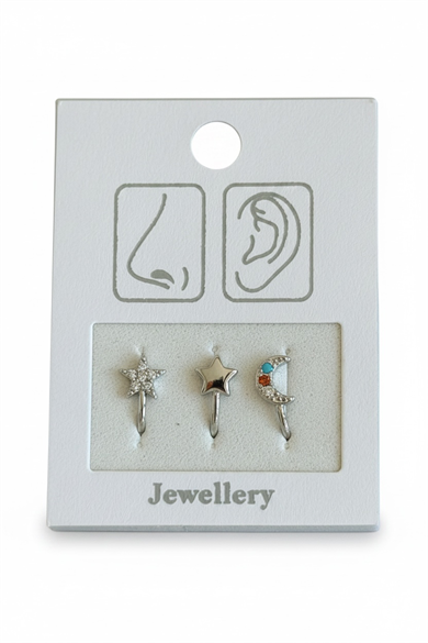 Gümüş Renk Karışık Figürlü Deliksiz Kulak/Burun 3lü Piercing Set