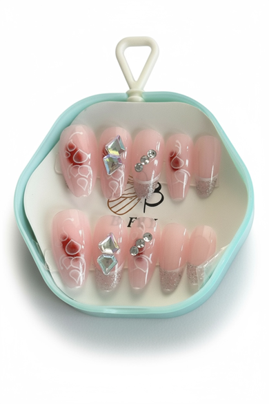 12li Pembe Renk Taş Detaylı Takma Tırnak Set (Yapıştırıcılı)