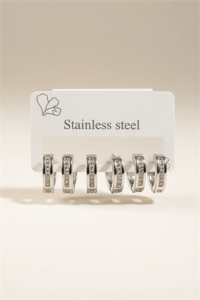 6lı Gümüş Renk Taş Detaylı Çelik Küpe Set