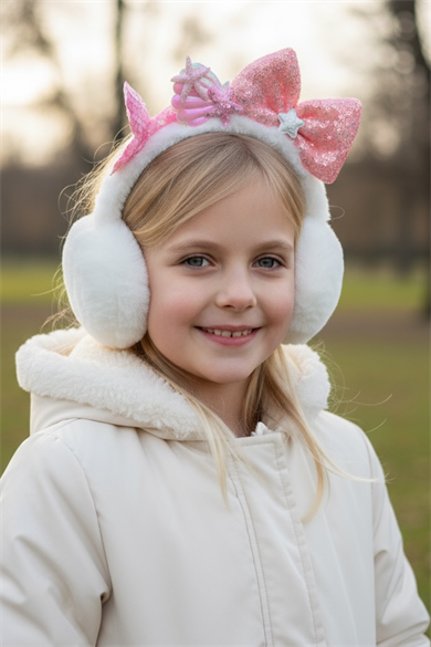 Beyaz Ve Pembe Renk Karışık Figürlü Peluş Kulaklık