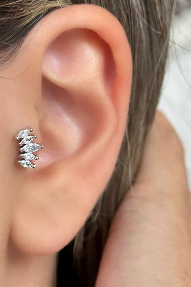 Gümüş Renk Taş Detaylı Çelik Tragus/Kıkırdak Küpe/Piercing (Tek)
