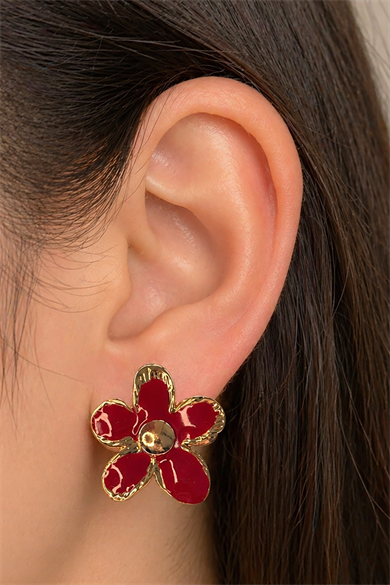 Bordo Renk Çiçek Figürlü Küpe (Çift)