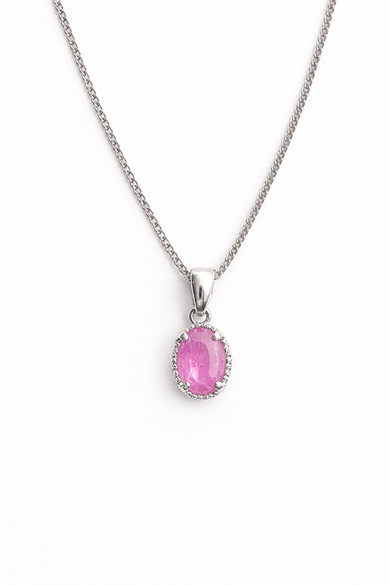 Gümüş Renk Pembe Taş Detaylı Çelik Kolye