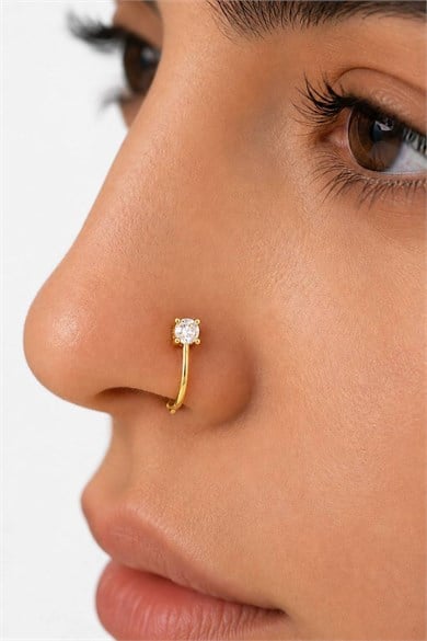 Altın Renk Taş Detaylı Cerrahi Çelik Deliksiz Kulak/Burun Piercing 