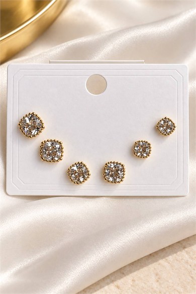 Altın Renk 6lı Taşlı Küpe Set