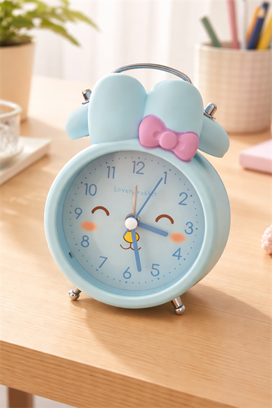 Mavi Renk Tavşan Figürlü Mini Dekoratif Işıklı Alarmlı Yuvarlak Masa Saati