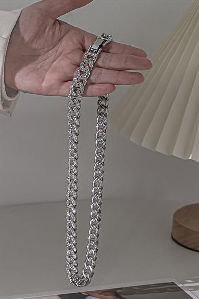 Gümüş Renk Taş Detaylı Unisex VİP Tasarım Kolye