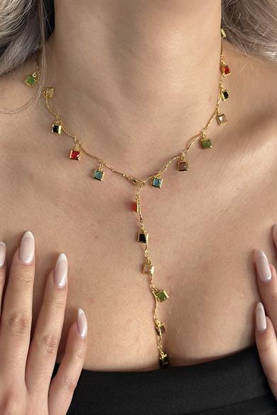 Altın Renk Taş Detaylı Çelik Y Kolye