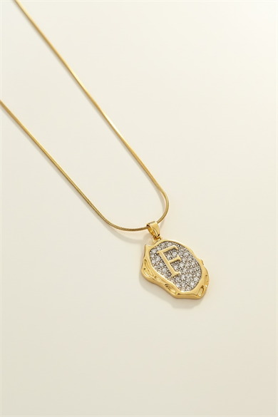 Altın Renk  F Harf Taş Detaylı Çelik Kolye