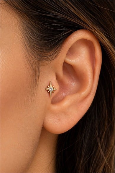 Altın Renk Taşlı Cerrahi Çelik Tragus/Kıkırdak Küpe/Piercing (Tek)