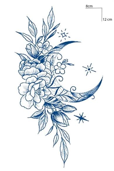 Çiçek Ve Ay Figürlü 12 Saat Sonra Kararan Geçici Dövme Tattoo