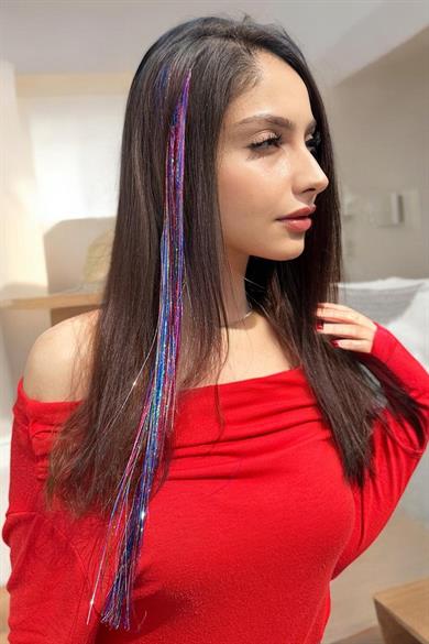 Çok Renkli Simli Yan Çıtçıtlı Postiş Hair Tinsel Shiny Hair (50 Cm)