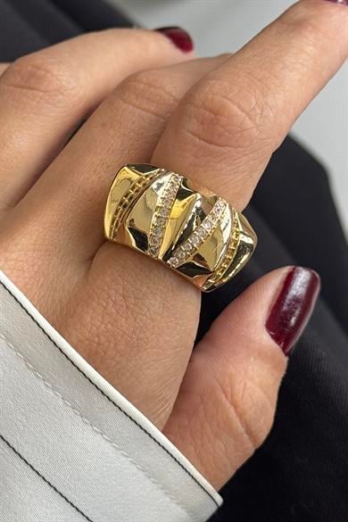 Altın Renk Taş Detaylı Ayarlanabilir Çelik Yüzük