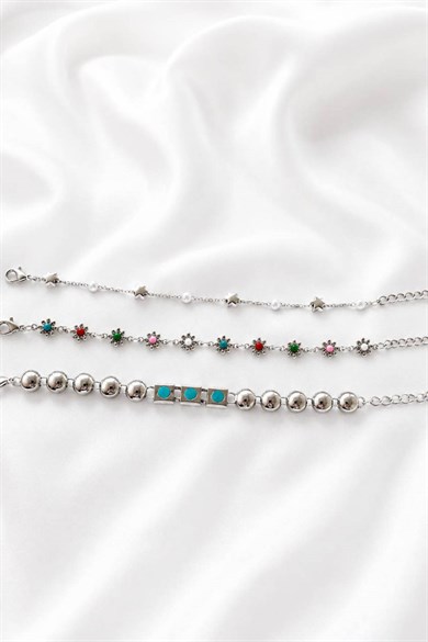 Gümüş   Renk  Zincir Detaylı 3lü Bileklik Set
