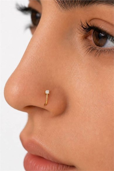 Altın Renk Taş Detaylı Cerrahi Çelik Deliksiz Kulak/Burun Piercing 