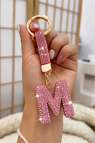 Pembe Renk M Harf Taşlı Çanta Charm/ Anahtarlık