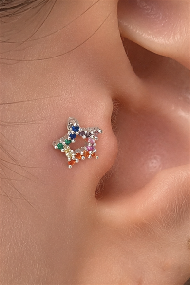 Gümüş Renk Yıldız Figürlü  Taşlı Cerrahi Çelik Tragus/Kıkırdak Küpe/Piercing (Tek)