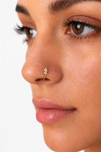 Altın Renk Taş Detaylı Cerrahi Çelik Deliksiz Kulak/Burun Piercing 