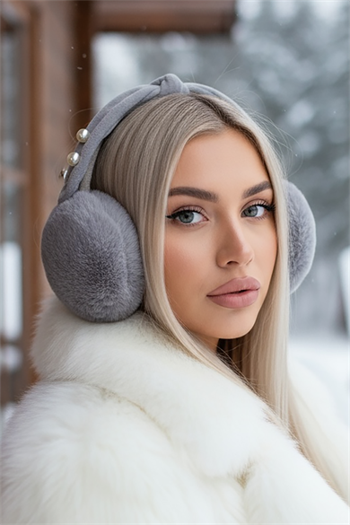 Gri Renk İnci Detaylı Kulaklı Çocuk Peluş Kulaklık