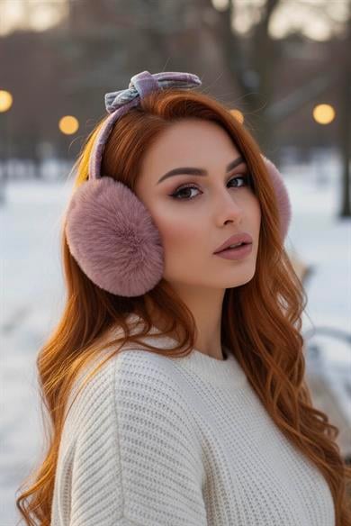 Koyu Pembe Renk Ekose Desenli Peluş Kulaklık