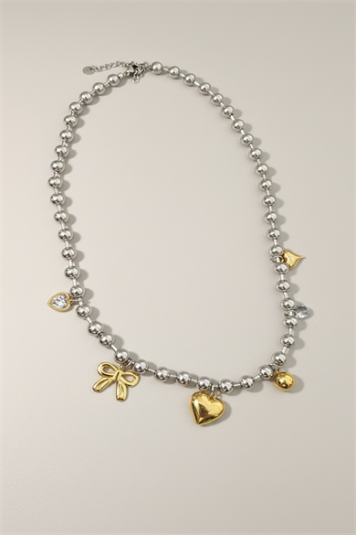 Gümüş Renk Top Zincir Detaylı Karışık Charmlı Çelik Kolye