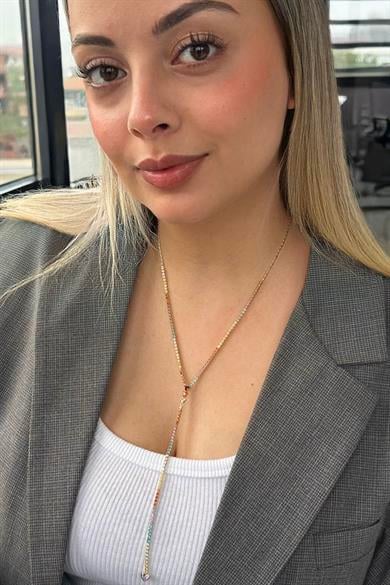 Altın Renk Taş Detaylı 14K Altın Kaplama VİP Y Kolye