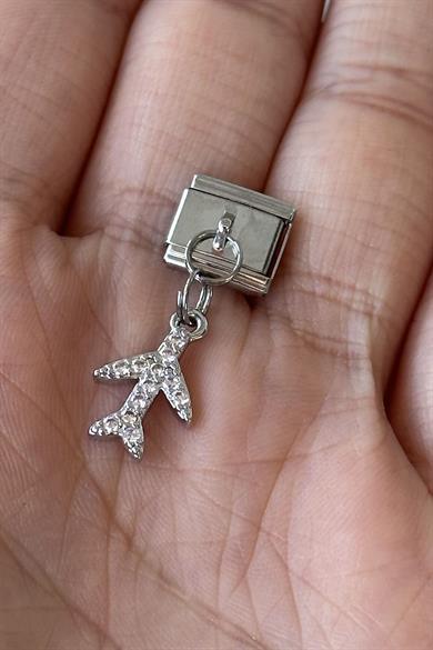 Gümüş Renk Uçak Figürlü Taş Detaylı Çelik Nomination Charm (Tek)