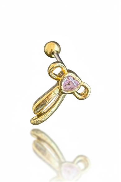 Altın Renk Kurdele Figürlü Taşlı Cerrahi Çelik Tragus/Kıkırdak Küpe/Piercing (Tek)