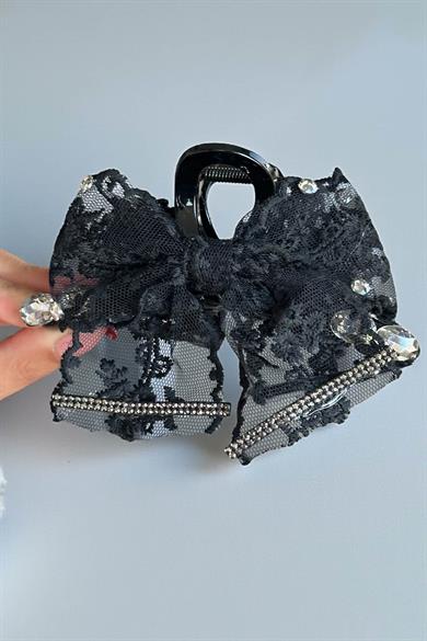 Siyah Renk Kurdele Figürlü Taş Detaylı Mandal  Toka