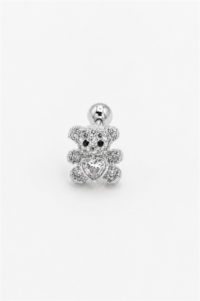 Gümüş  Renk Ayıcık Figürlü   Taşlı Cerrahi Çelik Tragus/Kıkırdak Küpe/Piercing (Tek)