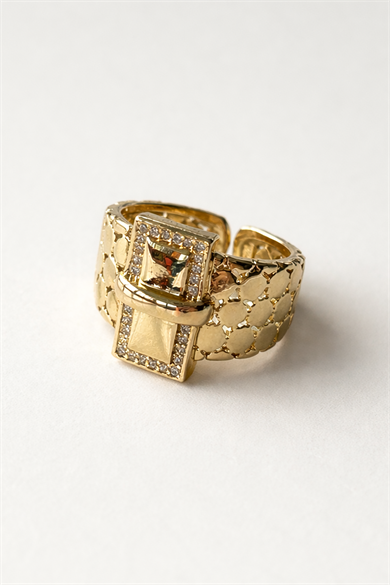 Altın Renk Taş Detaylı Ayarlanabilir Çelik Yüzük