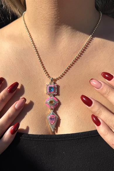 Altın Renk Taş Detaylı Altın Kaplama VİP Kolye