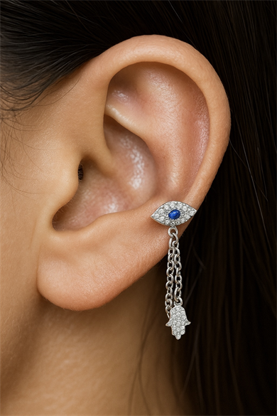 Gümüş Renk Göz Ve El Figürlü Sallantılı Cerrahi Çelik Tragus/Kıkırdak Küpe/Piercing (Tek)