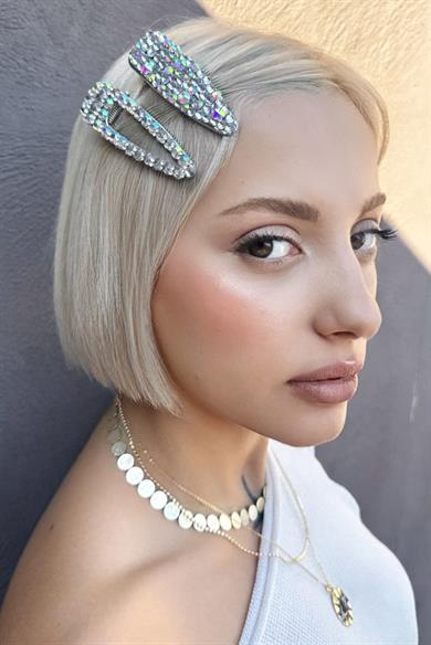 Gümüş Renk Hologram Taş Detaylı İkili Yan Toka