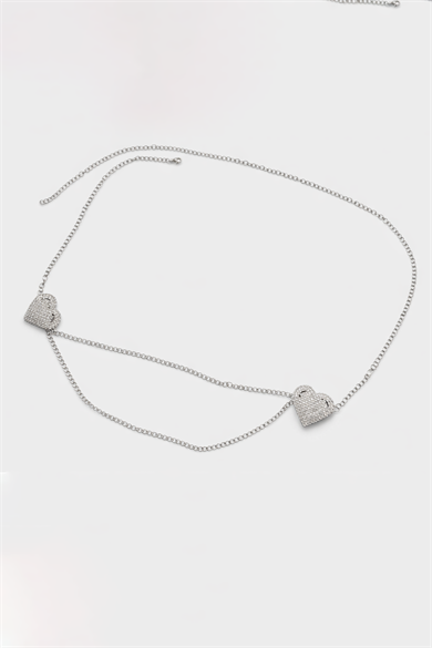 Gümüş Renk Kalp Figürlü Taş Detaylı Tasarım Bel Zinciri/Vücut Aksesuar