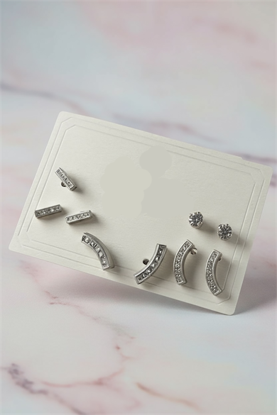 6lı Gümüş Renk Taş Detaylı Küpe Set