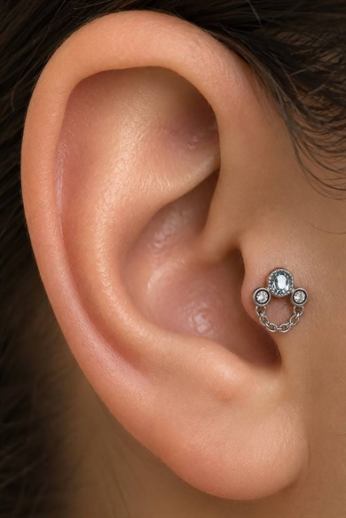Gümüş  Renk Sallantılı   Taşlı Cerrahi Çelik Tragus/Kıkırdak Küpe/Piercing (Tek)