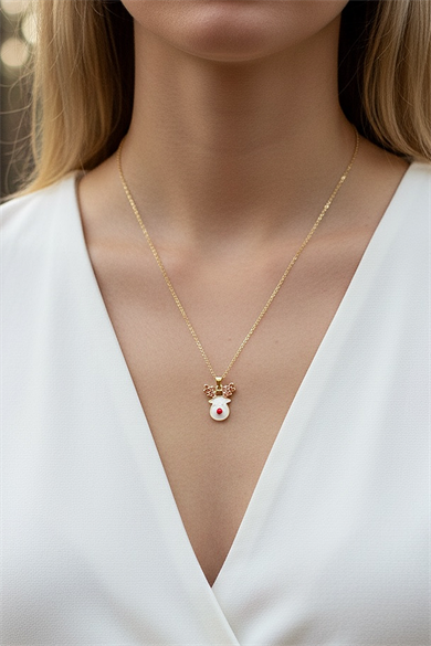 Altın Renk Geyik Figürlü Çelik Yılbaşı Kolyesi