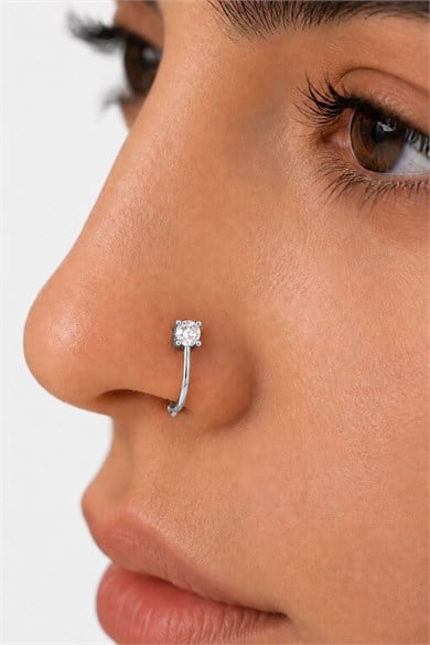 Gümüş Renk Taş Detaylı Cerrahi Çelik Deliksiz Kulak/Burun Piercing 