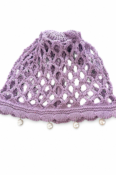 Lila Renk İnci Detaylı Örgü Saç Bandana