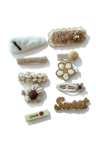 10lu Krem Renk Karışık Figürlü Yan Toka Set