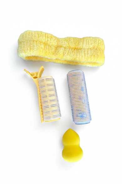 Sarı Renk Peluş Saç Bandı, Bigudi Ve Makyaj Sünger Set