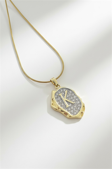 Altın Renk K Harf Taş Detaylı Çelik Kolye