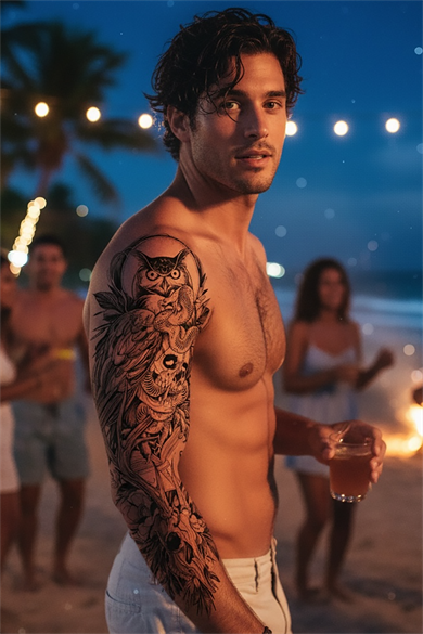 Geçici Baykuş Ve Kuru Kafa Figürlü Dövme Tattoo