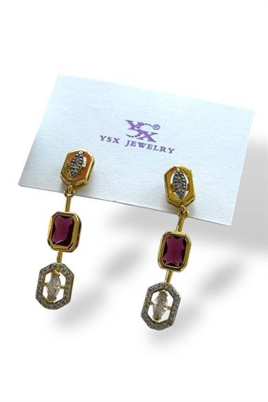 Altın Renk Pembe Taş Detaylı YSX Küpe (Çift)