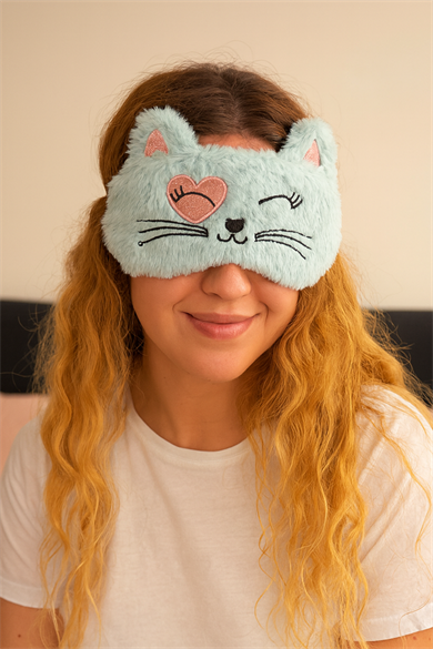 Mavi Renk Kedi Figürlü Peluş Uyku Bandı