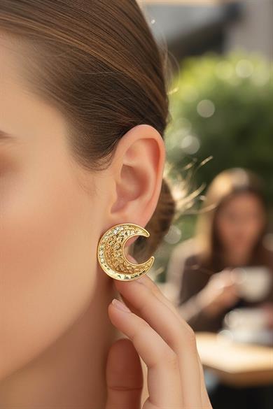 Altın Renk Ay Figürlü Çelik Küpe (Çift)